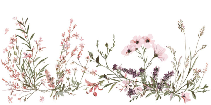 Pink flowers wildflowers floral border, invitation card for birthday wedding and holidays, vector illustration, garden theme, seasonal floral frame, romantic bouquet design, festive decor.