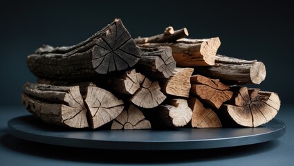 A neatly organized stack of dry firewood, prepared for lighting, featuring rough textures and natural hues.