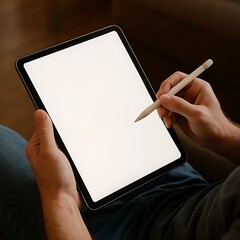 Realistic mockup of a digital artist holding tablet with stylus over lap, blank screen, indoor lighting
