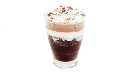 Indulgent layered chocolate beverage with whipped cream and chocolate shavings