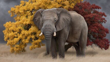 A majestic elephant standing in front of vibrant autumn trees with yellow and red leaves