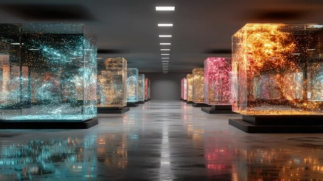 Futuristic Data Storage and Server Room with Abstract Multi Colored Cubes Display