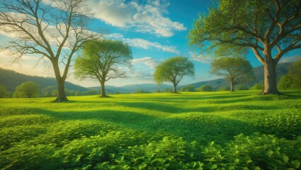 Fototapeta premium A lush carpet, touched by the sun's warmth, stretches out beneath a canopy of bare trees. A peaceful landscape, illuminated by the golden light of a clear day.