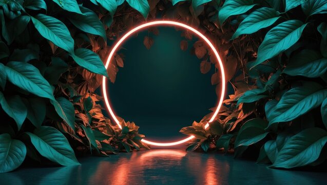 Beautiful and fresh green leaves with circle neon light. Creative nature background image for seasonal use design
