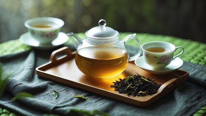 Fototapeta premium A Peaceful TEA SETUP Elegantly Organized on a Warm Tablecloth for an Ideal Atmosphere