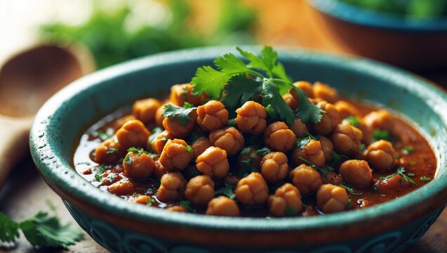 Bowl of tasty Kadala curry or chana masala curry or chickpea curry in white bowl with dark background. Kerala breakfast accompaniment for appam, puttu, rice. kala chana, desi chana, whole Bengal gram