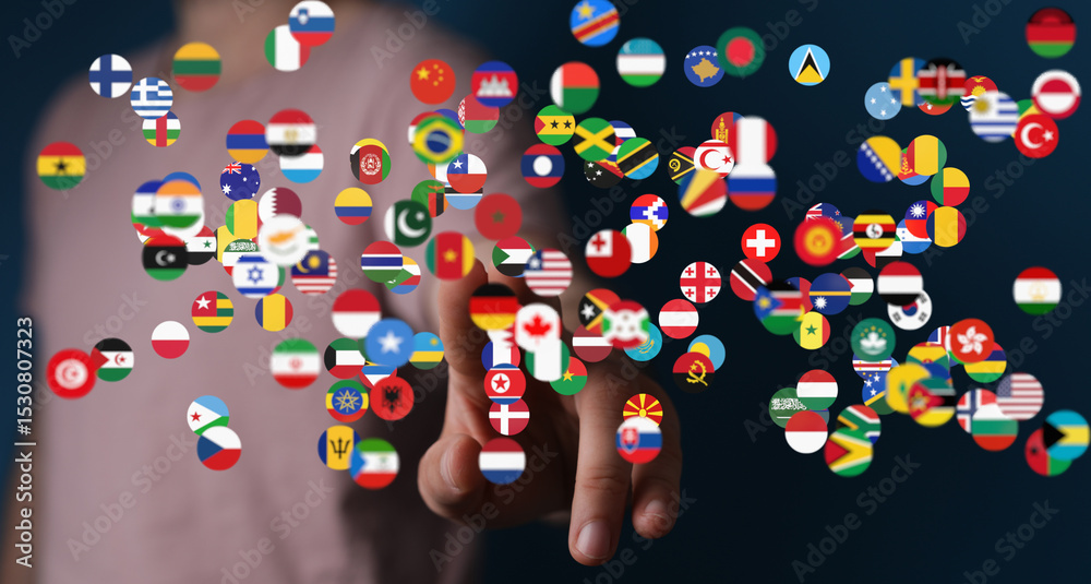 Poster person's hand interacts with floating flags representing global connections and international collab