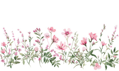 Floral border, pink wildflowers and green foliage, vector illustration, birthday and wedding invitation, seasonal bouquet, watercolor floral frame, png, spring garden flowers, boho style.
