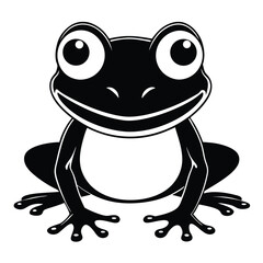 Cheerful black frog features a wide smile and big eyes in simple line art