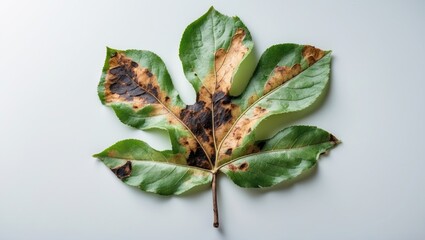 Apple tree leaf is affected by a fungal disease. Brown spotting and scab on a young tree. Sheet is isolated on a white background.