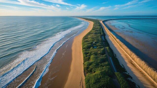 Aerial view of the dike and beach region. Wilderness scene.
