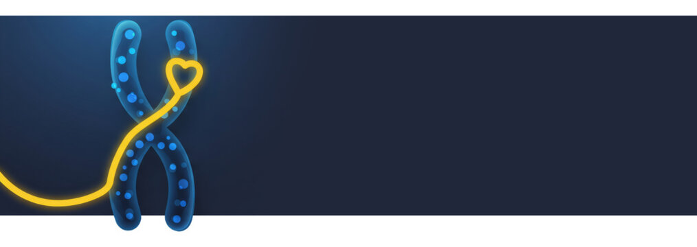 Blue chromosome symbol with yellow heart and band, awareness concept for World Down Syndrome Day on transparent background. Banner with copy space