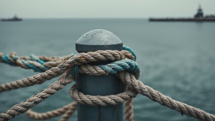 Fototapeta premium A rope is secured to a metal post. The rope appears frayed and worn. The post is black with a yellow letter E and is located on a dock close to the water.