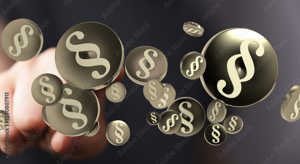 Poster abstract image of paragraph symbols floating towards a hand, representing legal concepts, law, and j