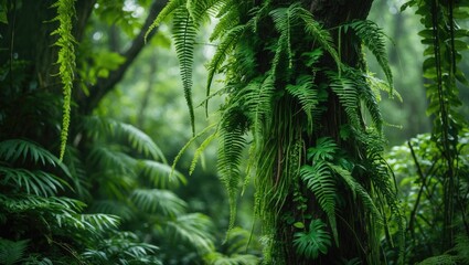 A tree trunk in a lush jungle covered by epiphytic ferns and various other plants, Phuket, Thailand