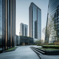 Low angle view of sunlight and skyscrapers in the financial district