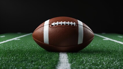 American football on green grass, set against a black background. Team sport concept.