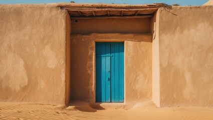Abstract unreal depiction of a house corner in the desert featuring an open blue iron damaged door.