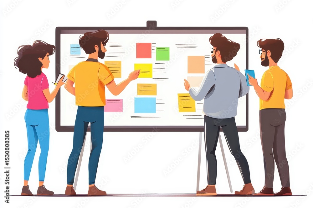Poster Four professionals engage in a team meeting analyzing data and workflow processes displayed on a large interactive whiteboard during daytime in an office