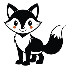 Cartoon fox stands with a smile, its fur is black and white