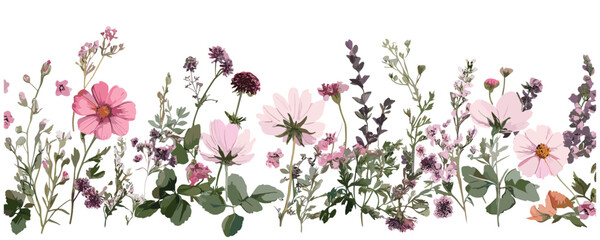Wildflowers, floral border with pink flowers and foliage, vector illustration, wedding invitation card, birthday, cutout, botanical art, rustic flowers, garden decor, hand-drawn style.