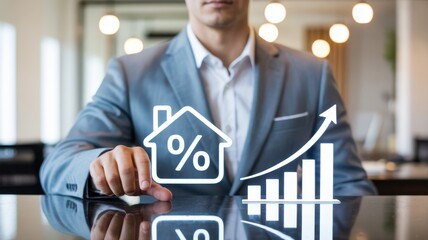 Businessperson interacting with a graphic of a house and percentage increase.