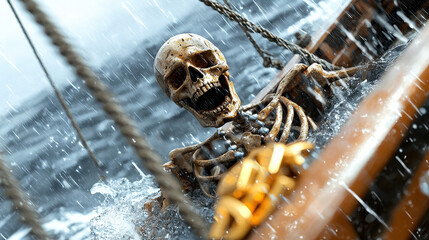 Skeleton crew member sailing through stormy waters, surrounded by rain and waves, evokes sense of adventure and mystery