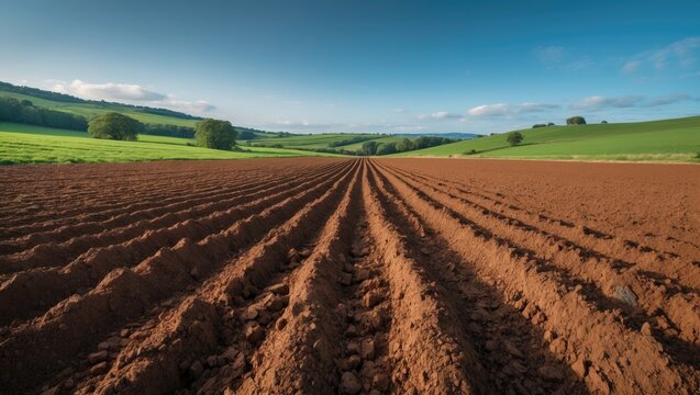 Agricultural scenery featuring a newly planted potato crop in chalky soil near Sledmere under a blue summer sky in the Yorkshire Wolds.