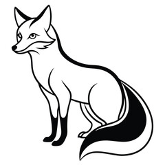 Outlined fox with a thick tail is sitting down and looking off to the side