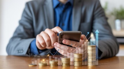 Businessperson using a phone, viewing financial growth.