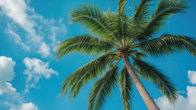 Beautiful lush palm trees on a hot summer beach day on vacation in Florida with clear skies and a refreshing breeze from the ocean