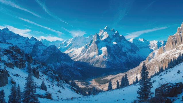A picturesque scene of a winter landscape showcasing snow-capped mountains and a bright blue sky