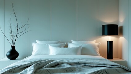 Elegant and stylish home decor showcasing a cozy bed, modern furniture, and a neutral color palette for a tranquil living environment. real photo.