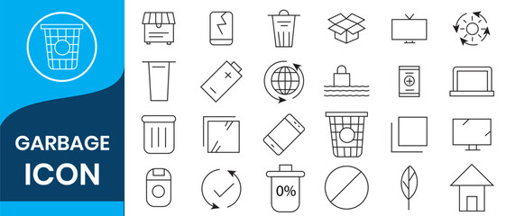 Recycle icon set. Ecology related icons: environment, eco, green energy, recycling, garbage, trash, separation, water, earth care and more. Vector trash can symbol. Garbage tank. Vector illustration.