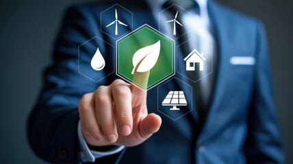 Hand interacting with a digital interface displaying various sustainability icons.