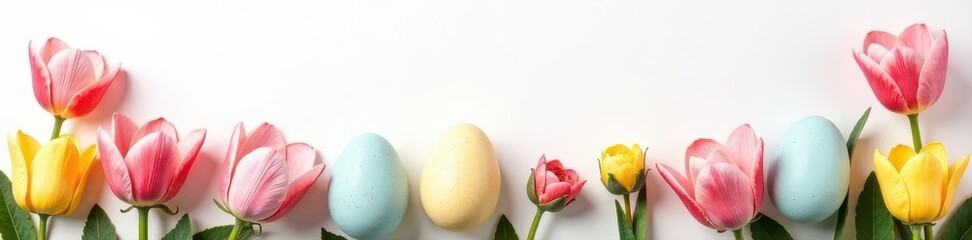 Fototapeta premium Pastel quail eggs, spring flowers, blank card, white backdrop Overhead view , colorful, festive, easter background
