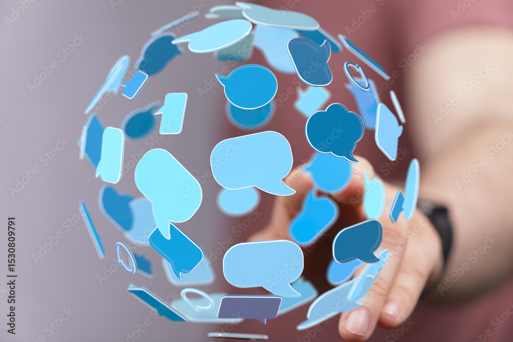 Poster conceptual image of a network of communication bubbles. ideal for technology, social media, and coll