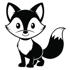 A cute cartoon fox stands alert, its tail curved, in a monochrome image
