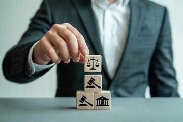 Wooden blocks with legal symbols are being stacked.