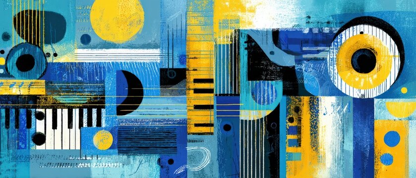 Abstract musical instrument art with piano keys and guitar strings in blue and yellow Modern artistic painting with geometric shapes and vibrant colors for creative background