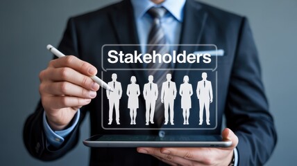 Businessperson displays stakeholders on a tablet.