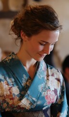 Fototapeta premium Woman in floral kimono at cultural event in Japan