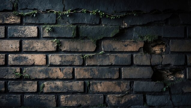 An old, dark wall with a brick background. Grunge style.