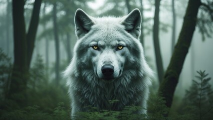 Obraz premium A double exposure image features an arctic wolf alongside a woodland scene.