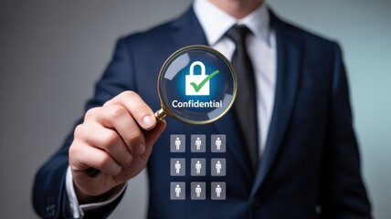 Businessman examines confidential data through magnifying glass.