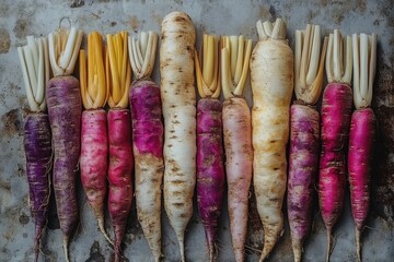 Assortment of heritage root vegetables including parsnips, carrots and turnips displayed on rustic stone