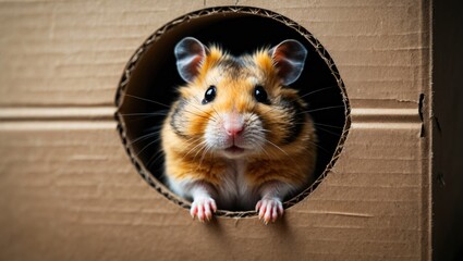 A clear and detailed image of a cute fluffy tri-color long-haired Syrian hamster peeking out of a heart-shaped hole in cardboard, expressing love for rodents with copy space.