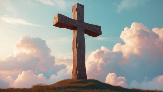 Digital composite of Ascension day text with wooden cross set against the sky.