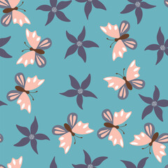 Seamless blooming floral pattern based on hand drawn art ornaments. Colorful flowers, leaves, plants on color background. Vector illustration. Simple minimalistic pattern for fabric, textile.