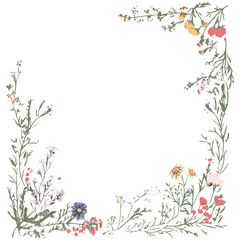 Greeting card with floral frame, wildflowers hand drawn, wedding and birthday invitation, holiday greetings, vector illustration, meadow flowers, romantic bouquet design.